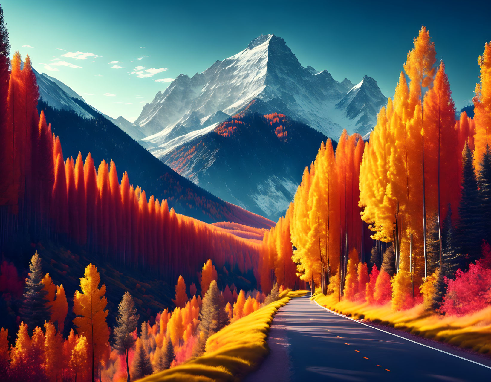 Scenic autumn forest road with snow-capped mountains