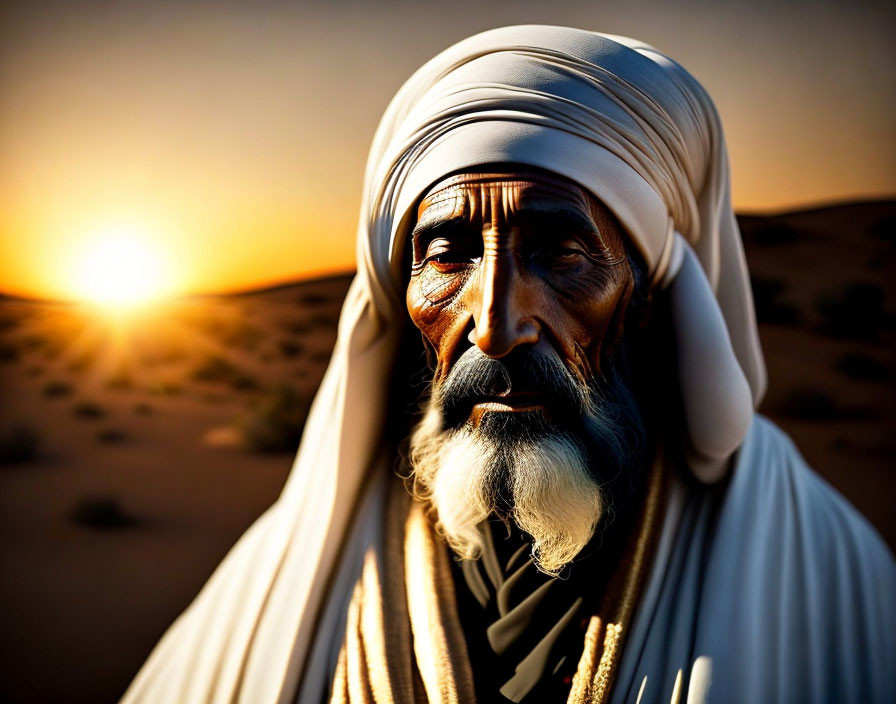 Elderly man in white turban against desert sunset.