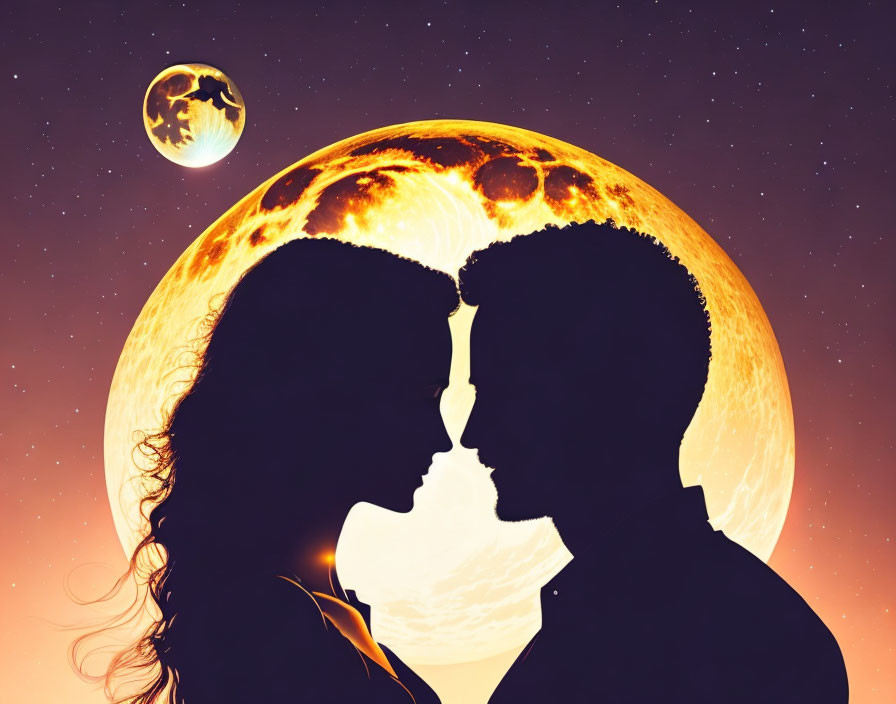 Romantic couple silhouettes kissing under moons and stars