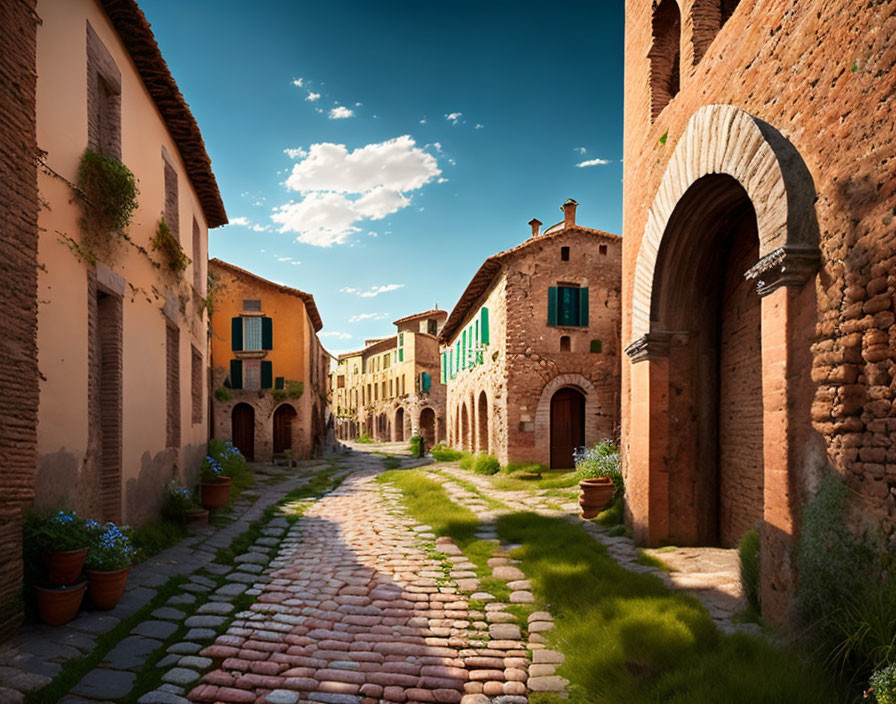 Traditional cobblestone street with terracotta-roofed houses under clear blue sky