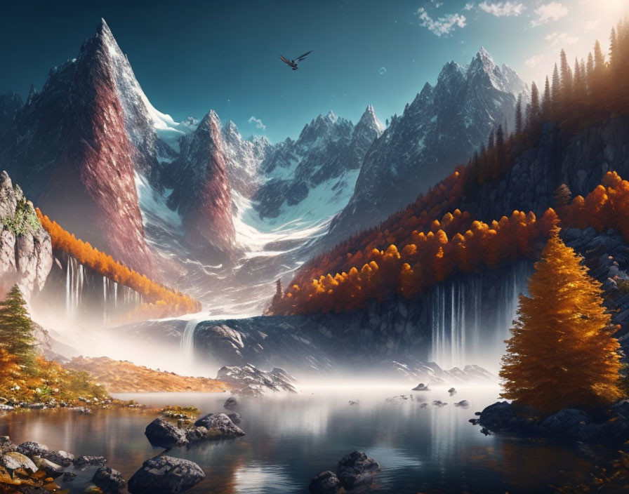 Majestic mountain landscape with river, waterfalls, autumn trees, and bird under warm light