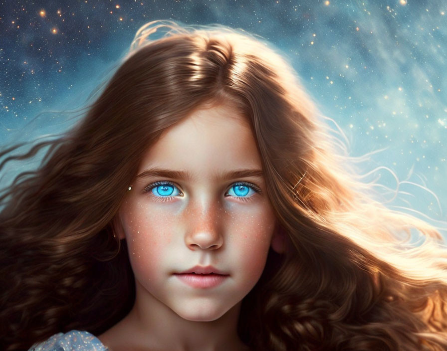 Young girl portrait with blue eyes and curly hair on starry backdrop