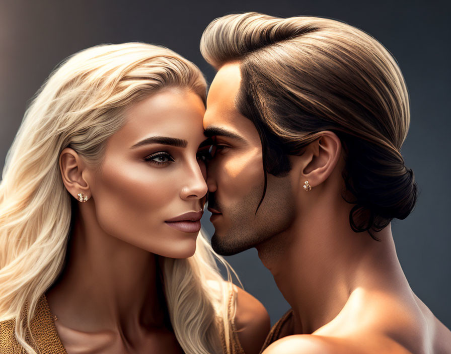 Detailed Close-Up Digital Illustration of Stylized Romantic Couple