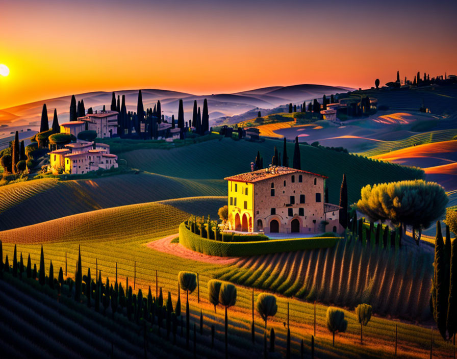 Serene Tuscan landscape with rolling hills, vineyard, cypress trees, and Italian villa at