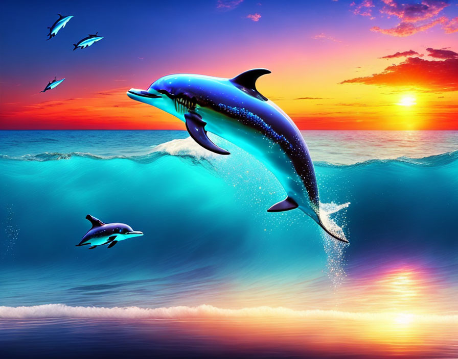 Digital artwork featuring dolphins leaping over ocean waves at sunset