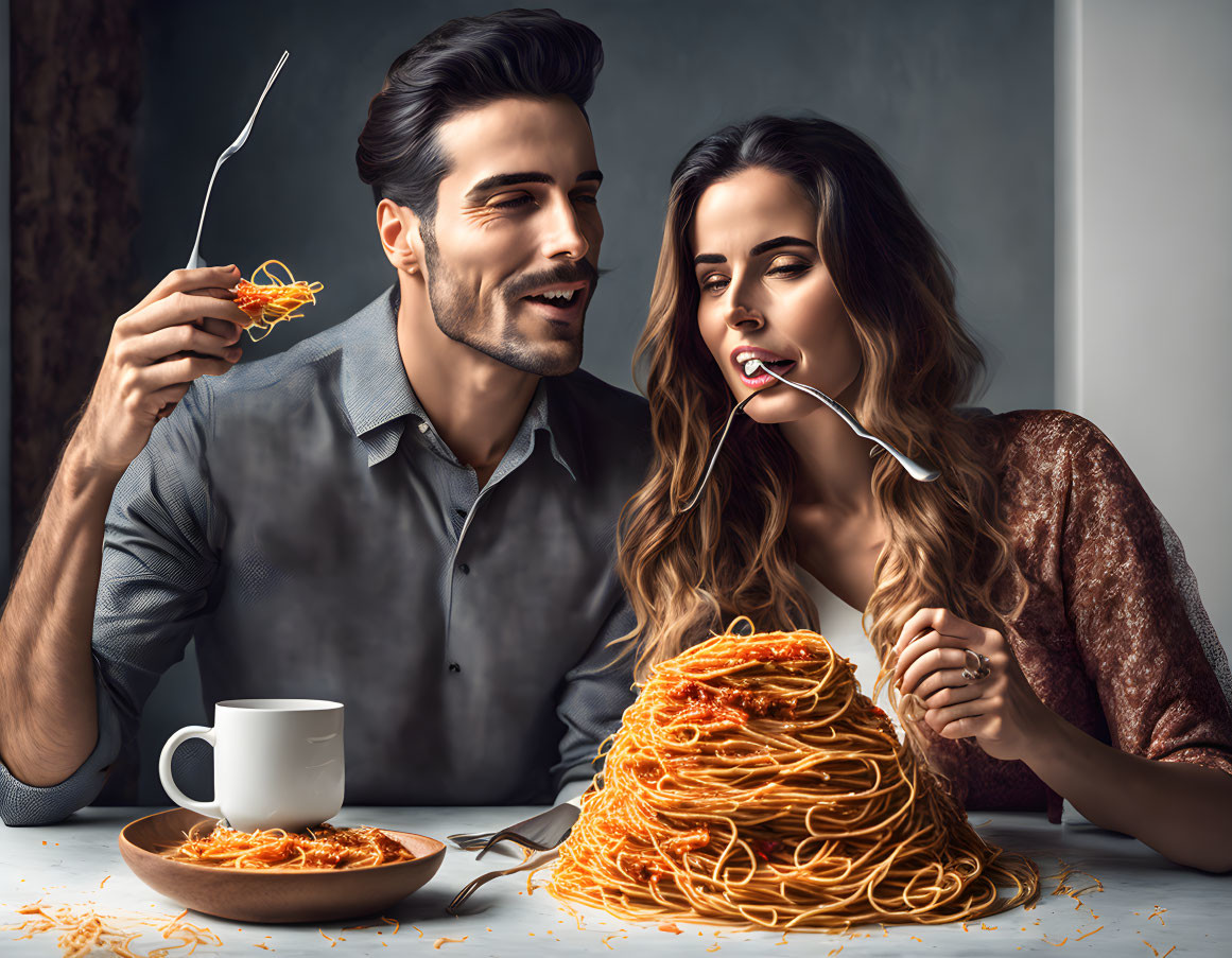 Couple enjoying large plate of steaming spaghetti together