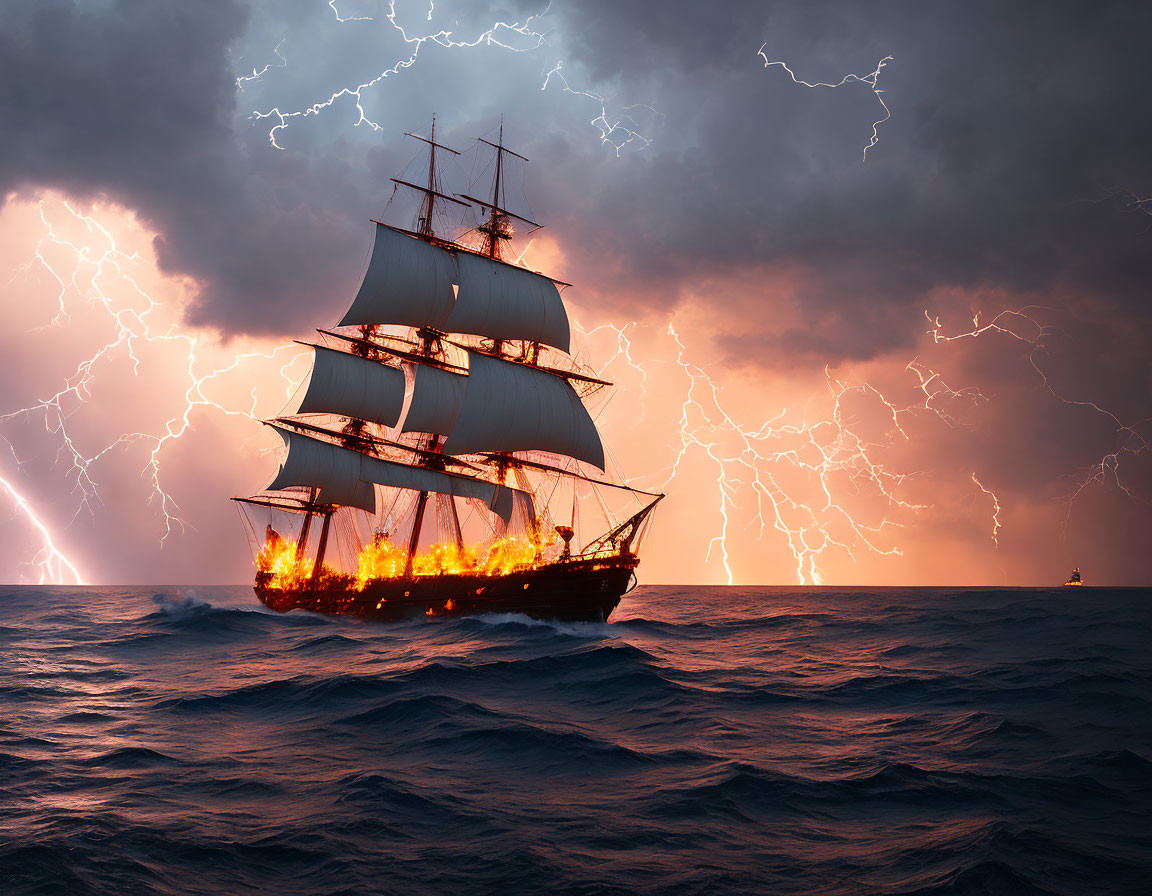 Sailing ship ablaze in stormy sea with lightning strikes