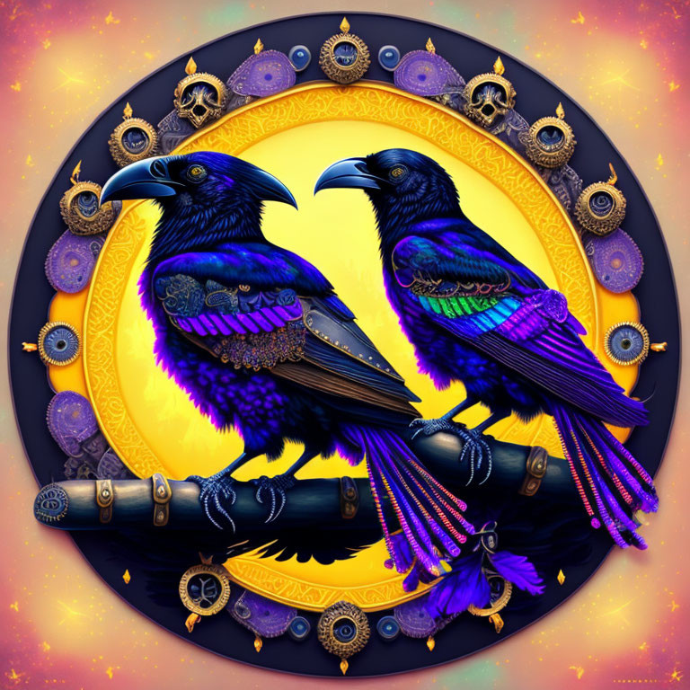 Vibrant ravens with mystical symbols on ornate circular backdrop