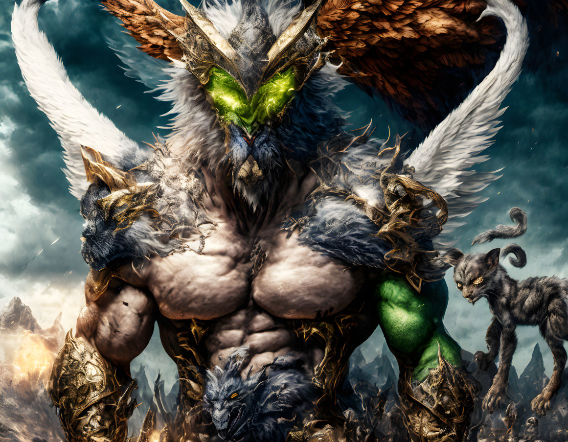 Mythical creature with owl, wolf, lion, and eagle features in fierce stance