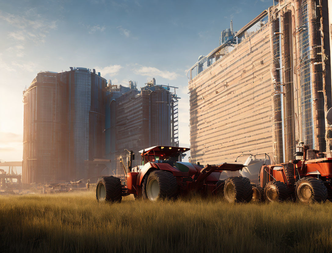 Sunrise view of industrial silos and tractors in a field