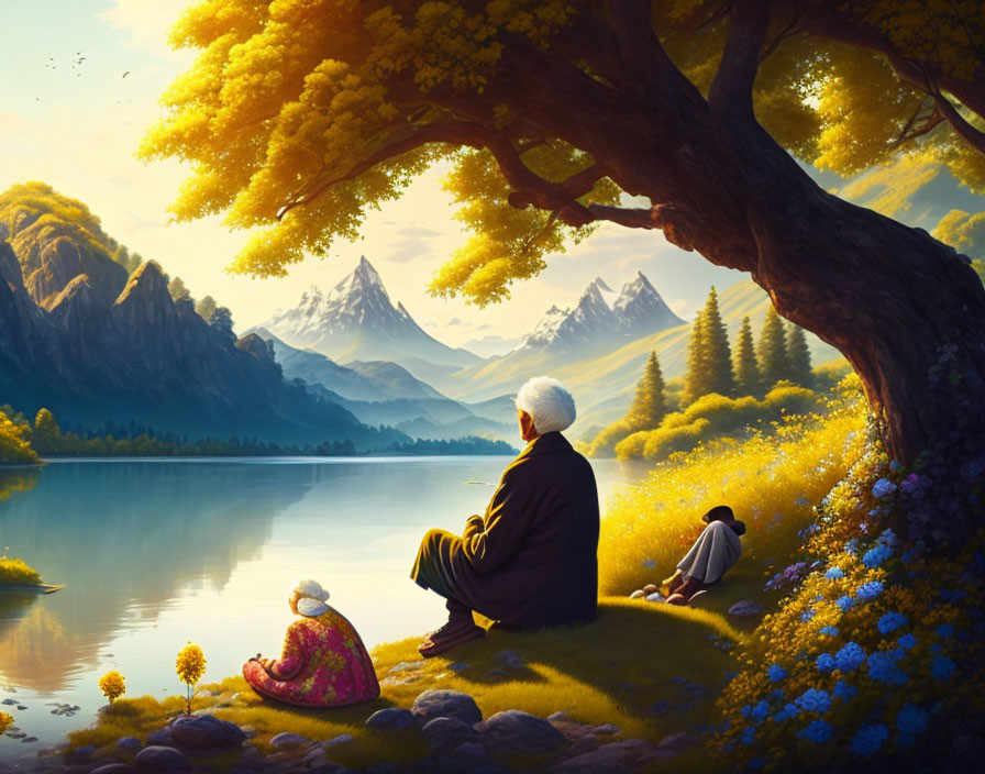 Elderly couple by tranquil lake with mountains and autumn sunlight