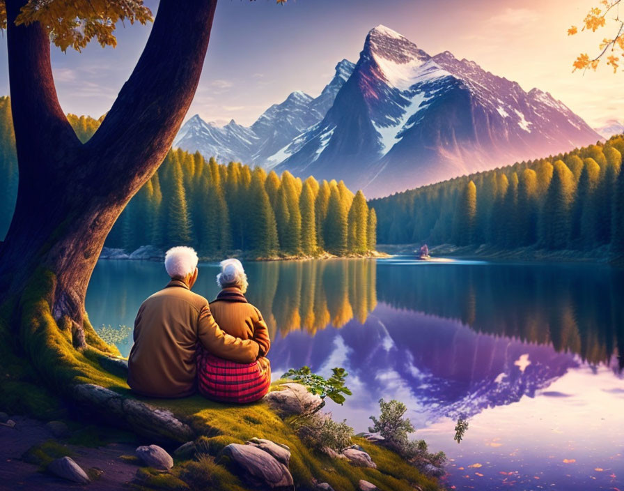 Elderly couple by tree near calm lake at sunrise/sunset