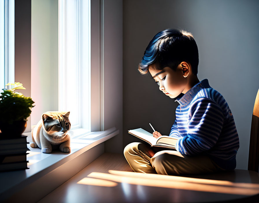 Child reading book by window with cat and plant