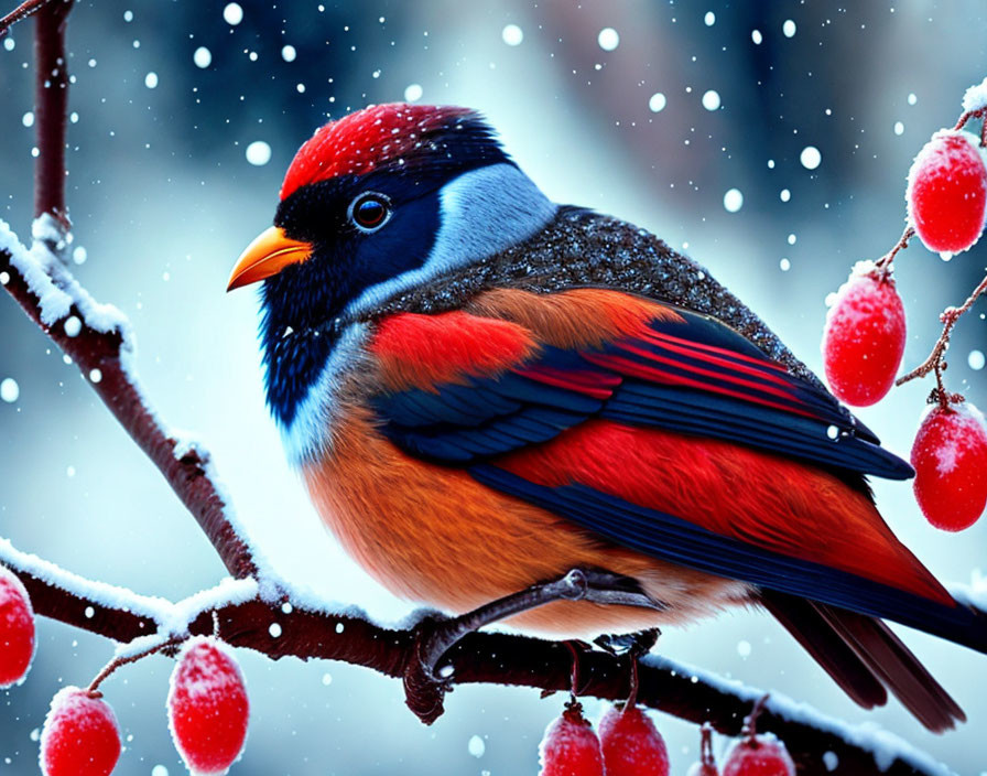 Colorful Bird with Red, Blue, and Orange Plumage Perched on Snowy Branch