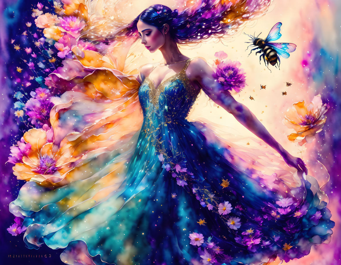 Colorful illustration: Woman in blue dress with butterfly and floral cosmic backdrop