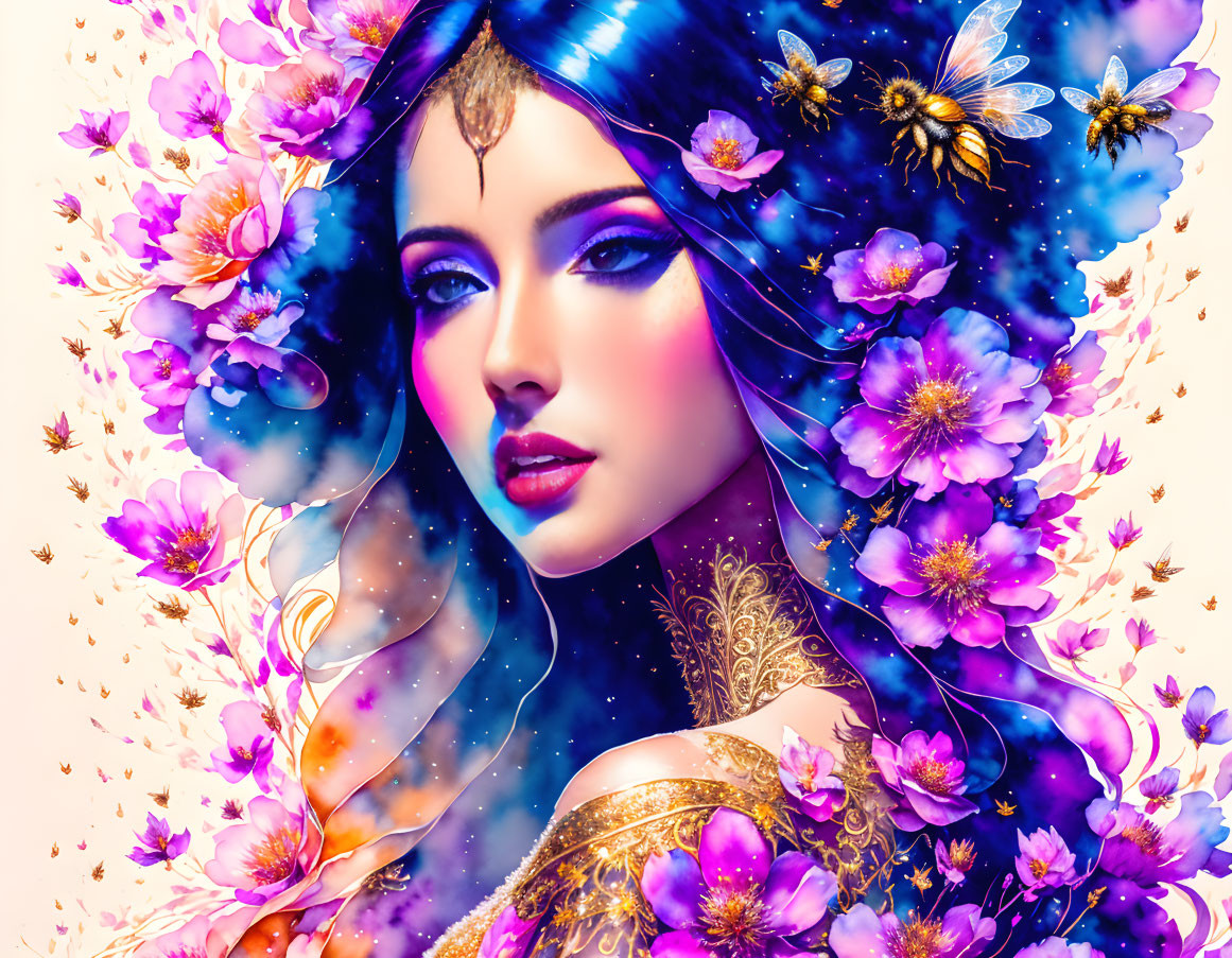 Colorful digital artwork: Woman with blue hair and flowers, gold details, bees on pink.