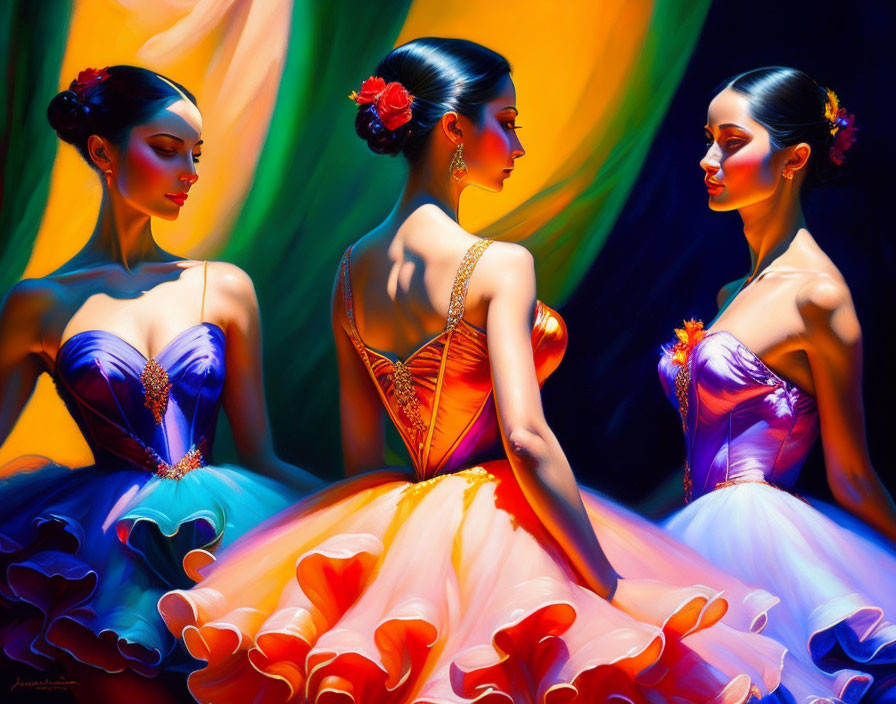 Colorful Tutu Ballerinas Pose Gracefully with Abstract Background