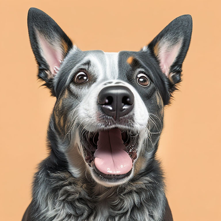 Surprised black and white dog with perked ears on orange background