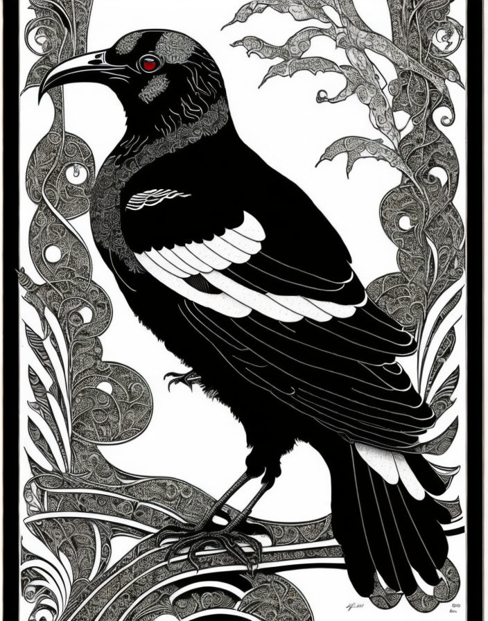 Monochrome crow art with detailed patterns and red-eyed bird on chain