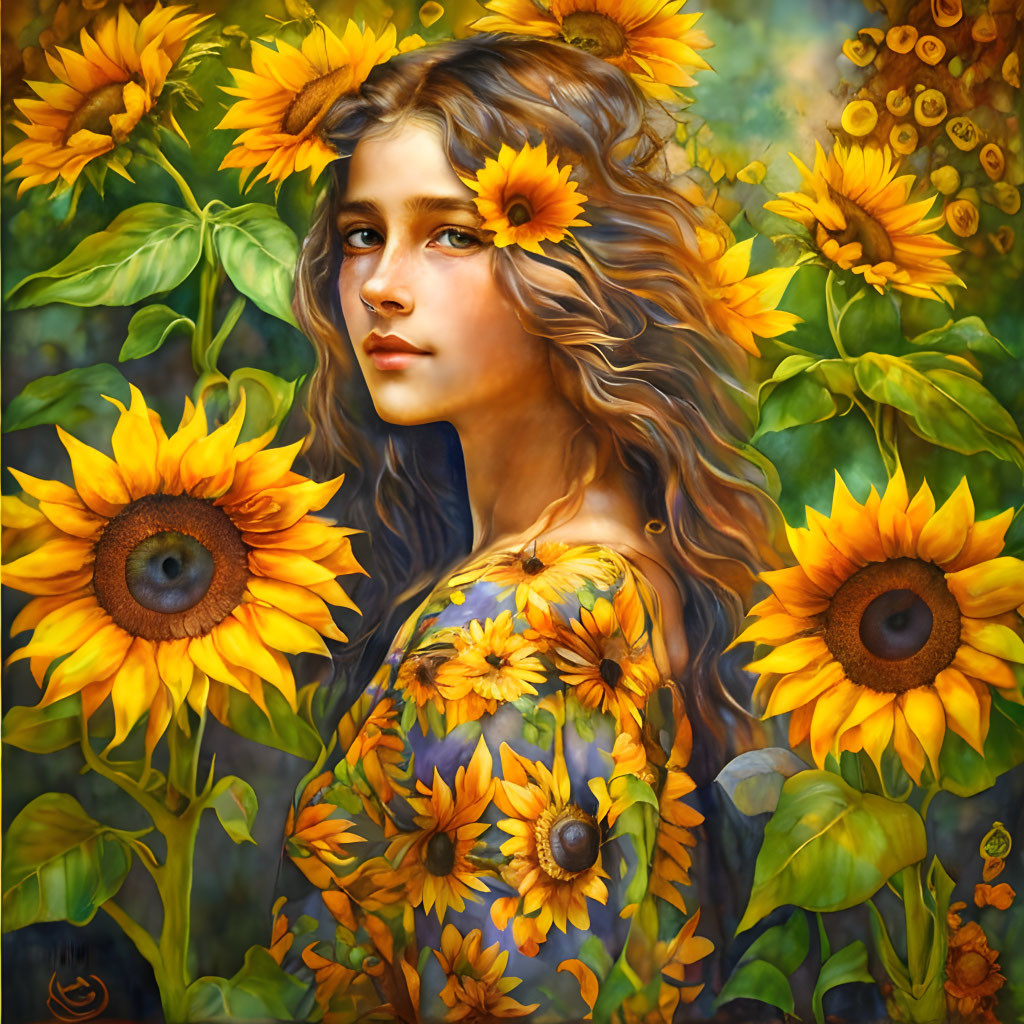 Vibrant sunflowers in surreal portrait of young woman