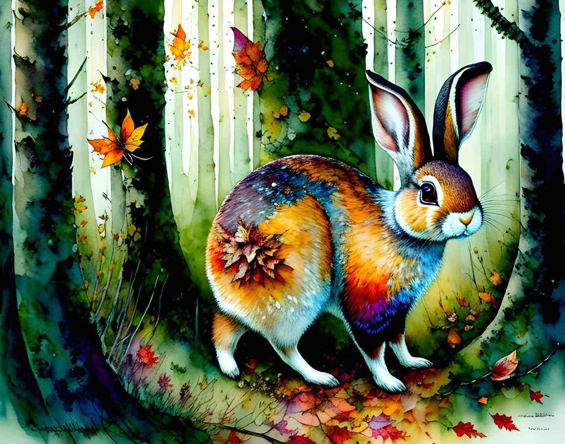 Colorful watercolor art: Rabbit in autumn forest