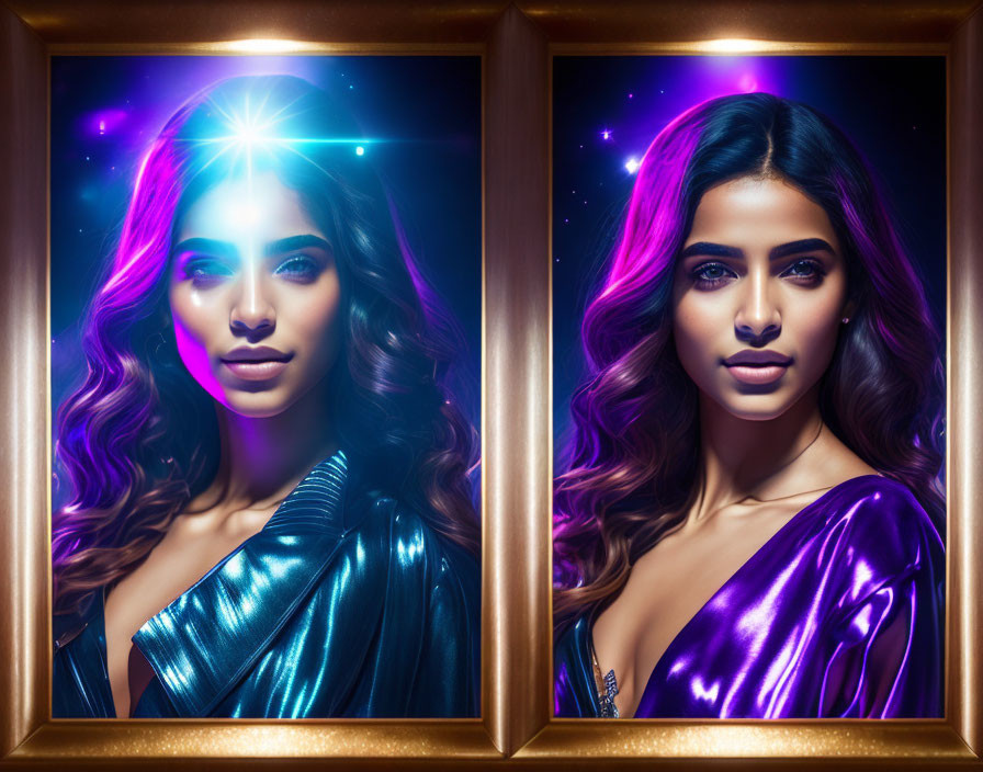 Portraits of a woman with shiny wavy hair in gallery lighting.