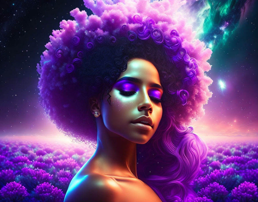 Surreal portrait of woman with purple skin and galaxy hair in dreamy landscape