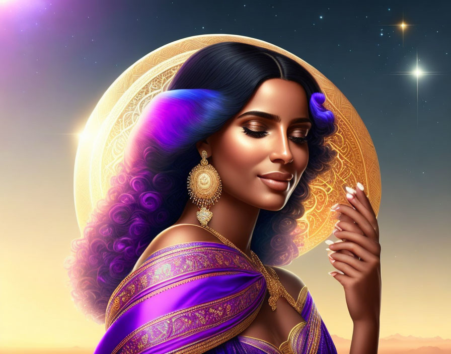 Illustrated woman with blue hair in Indian attire and golden earrings on celestial background.