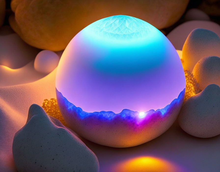 Glowing cracked egg emits iridescent light in dim setting