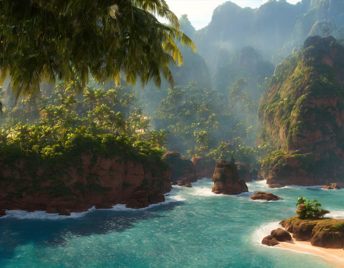 Tropical Paradise: Lush Greenery, Towering Cliffs, Turquoise Waters