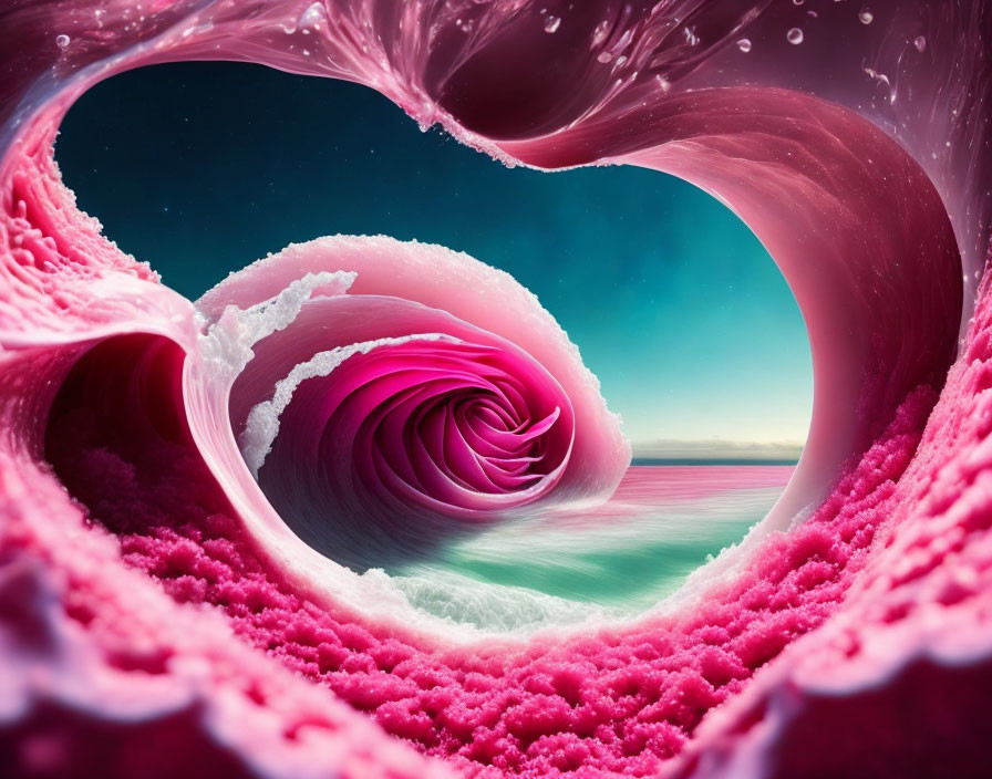 Surreal wave with heart-shaped tunnel in vibrant pink and blue scenery