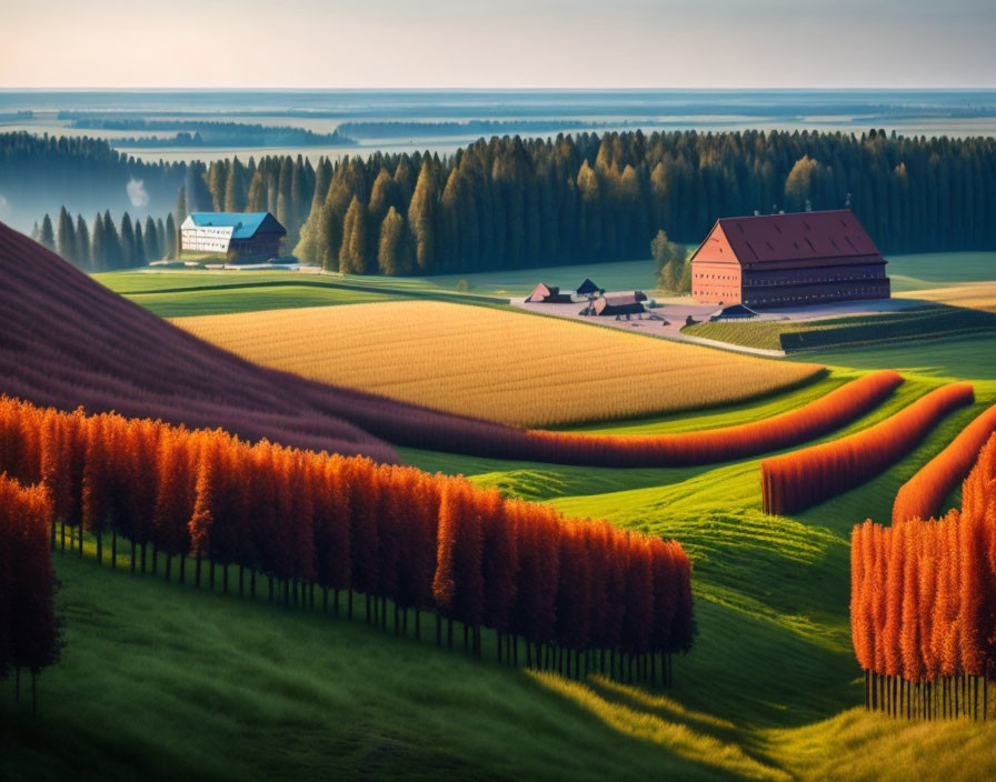 Vibrant trees and farm buildings on rolling green hills at dawn