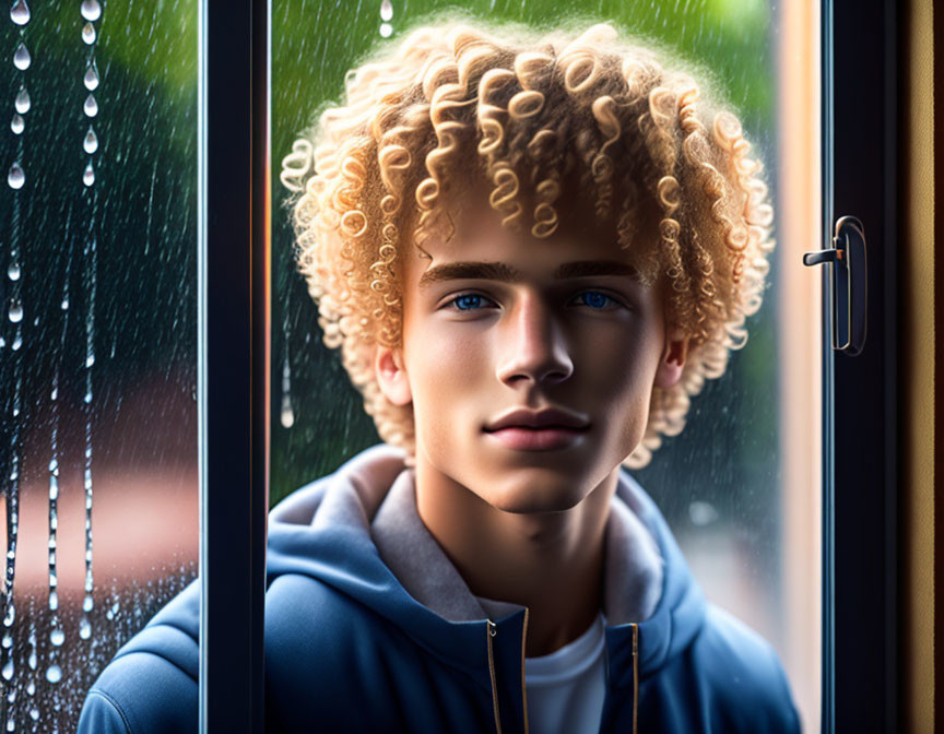 Young person with curly blonde hair and blue eyes gazing through rain-spattered window.