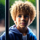 Young person with curly blonde hair and blue eyes gazing through rain-spattered window.