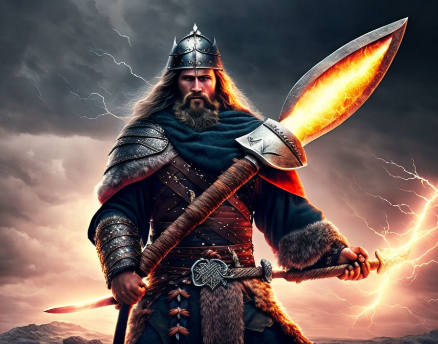 Viking-style warrior in armor with sword and axe under stormy sky