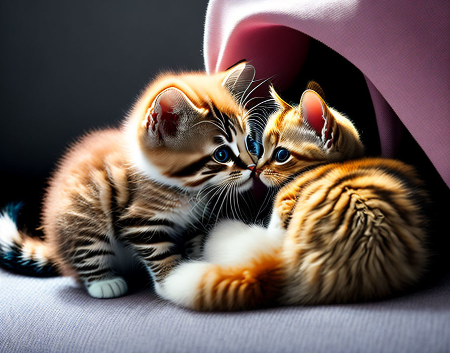 Striped fur kittens cuddling under pink blanket on soft surface