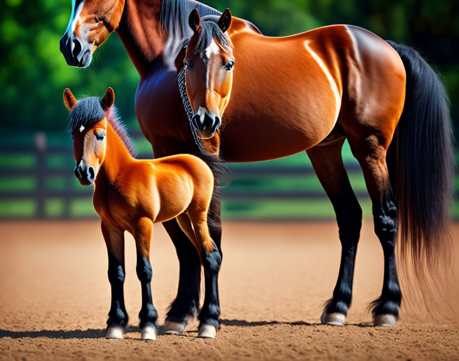 Brown Horses with Black Manes and Foal in Fenced Area