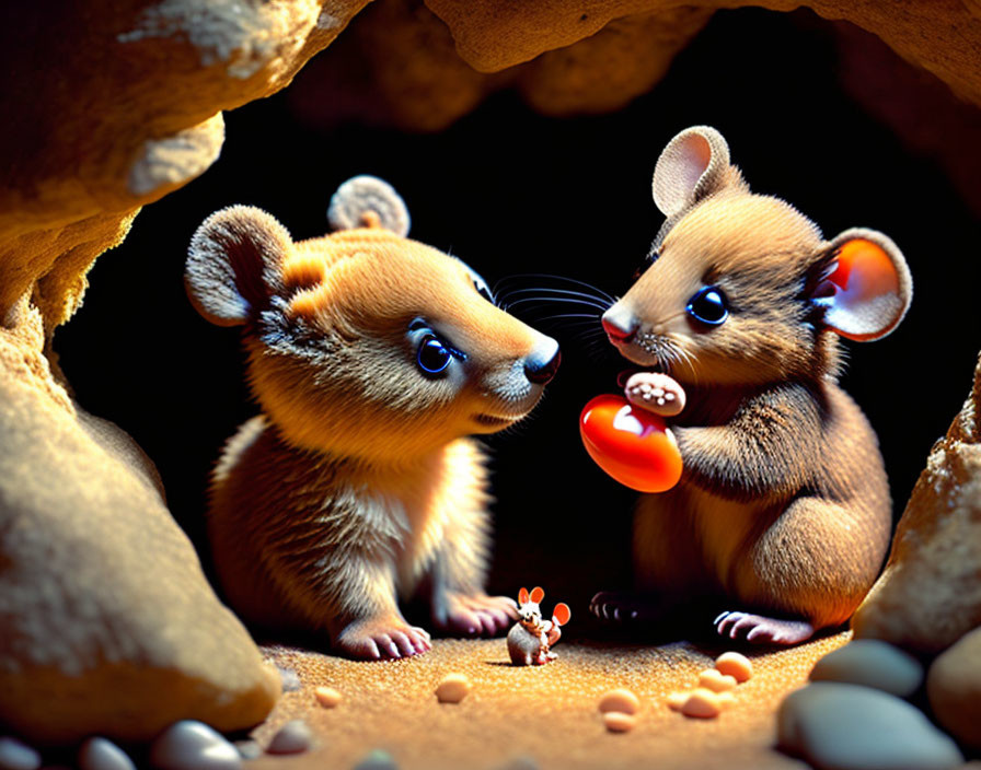 Two cute animated mice with large eyes in a cozy burrow, one holding a cherry.