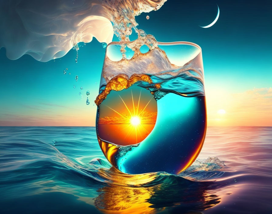 Glass with liquid splash: sunset beach and crescent moon sky fusion