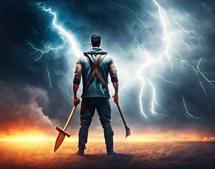 Man with axe under dramatic stormy sky