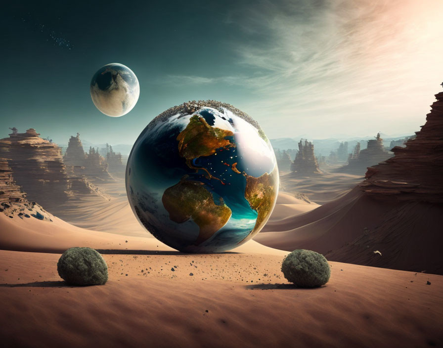 Surreal desert landscape with Earth sphere under starry sky