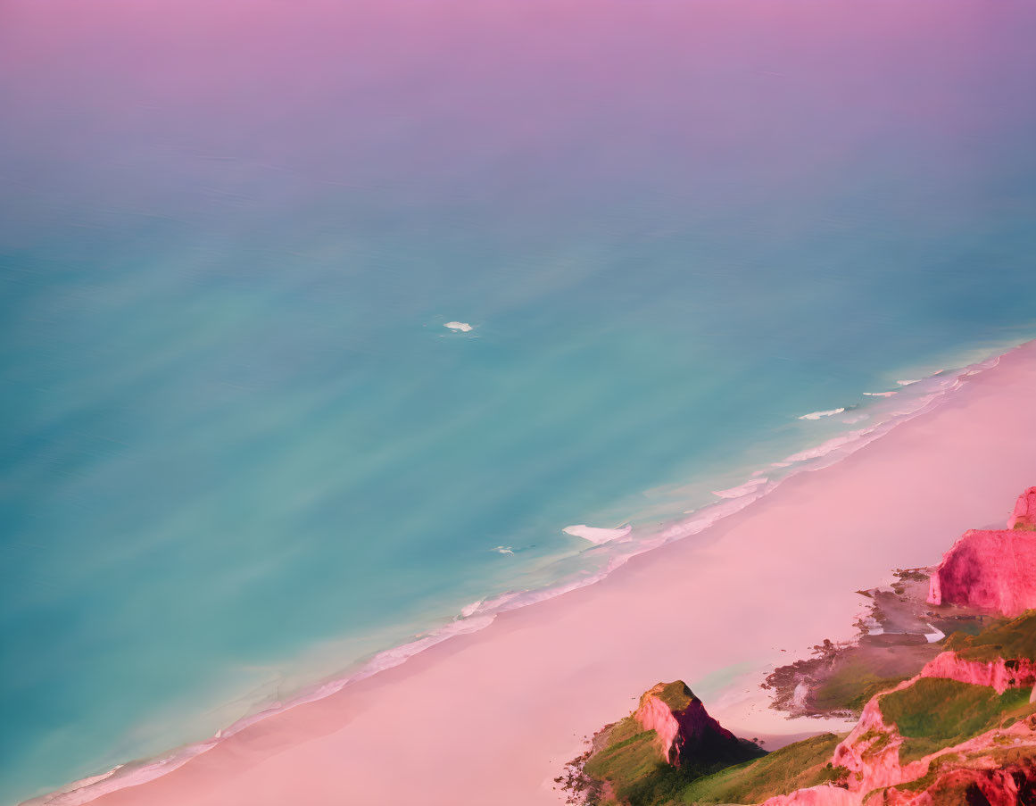 Pastel-toned aerial view of beach and cliff with gentle waves and green vegetation