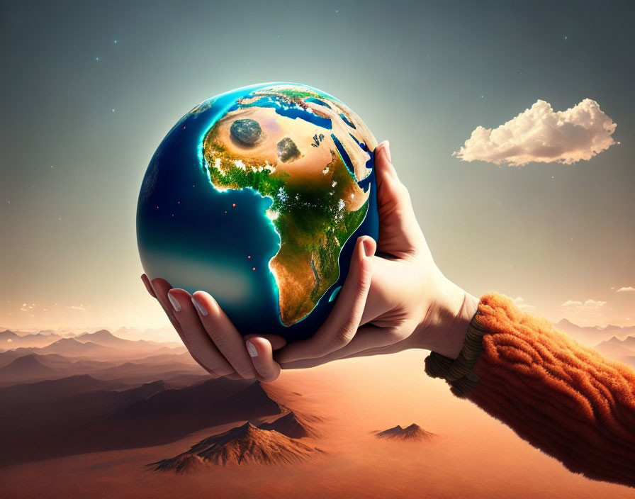 Hand holding Earth over desert landscape and sunset sky