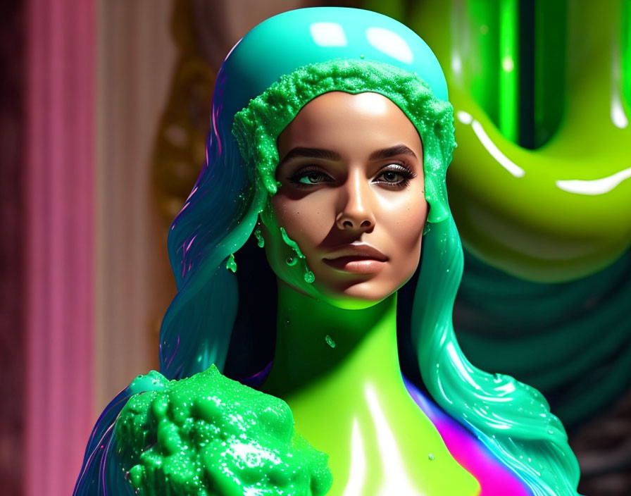 Vibrant 3D rendering: Female figure with turquoise hair melting into gooey substance on pink