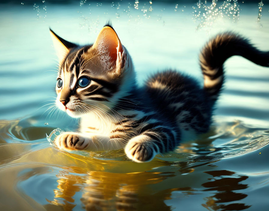 Striped kitten wading in clear water with wet fur