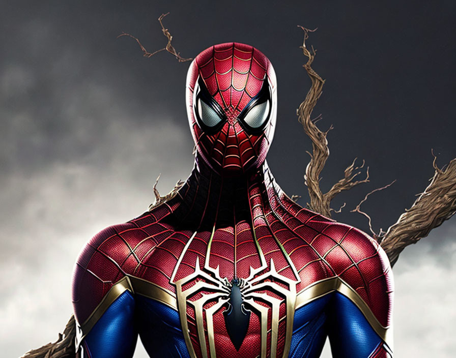 Detailed Spider-Man costume against stormy sky with lightning