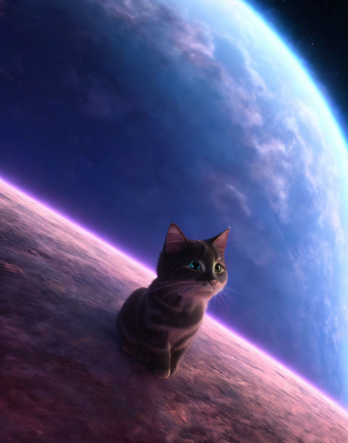 Cat sitting on celestial surface with Earth-like planet in background