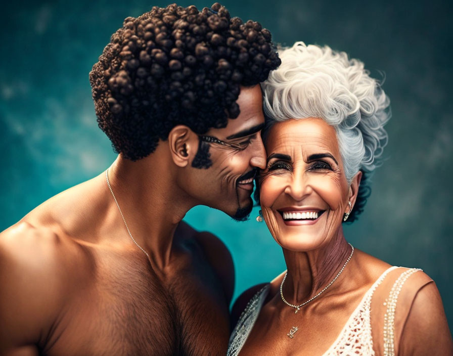 Young man with curly hair smiles with elderly woman, both happy and affectionate