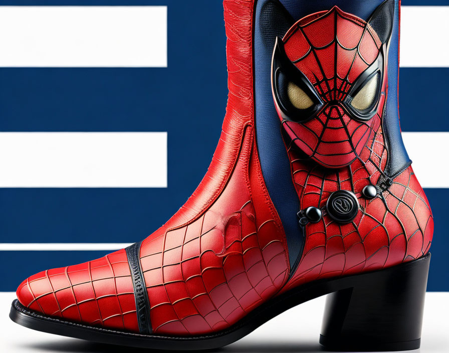 Red and Blue Spider-Man Themed Cowboy Boot on Striped Background