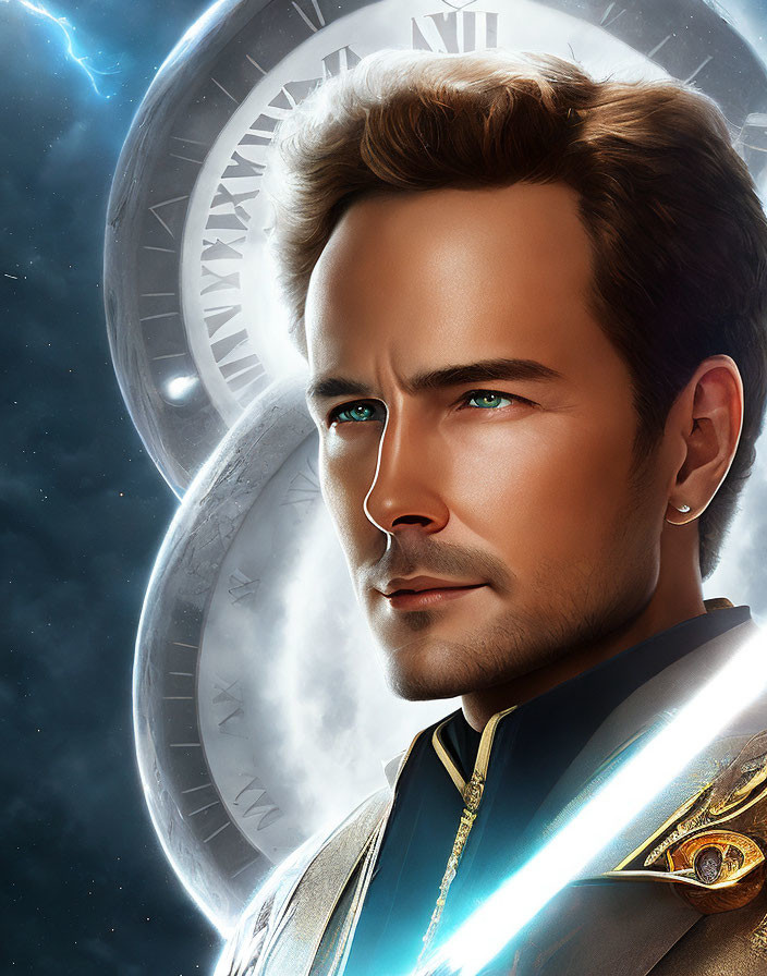 Man in futuristic military attire with glowing elements, cosmic backdrop, blue eyes.